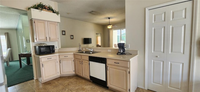 kitchen with light brown cabinetry, dishwasher, sink, kitchen peninsula, and ceiling fan