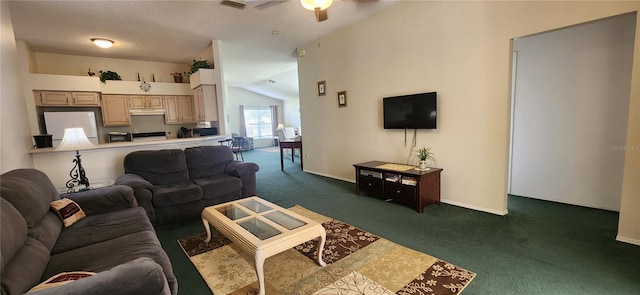 carpeted living room with lofted ceiling and ceiling fan