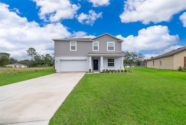 view of property with covered porch and a front yard