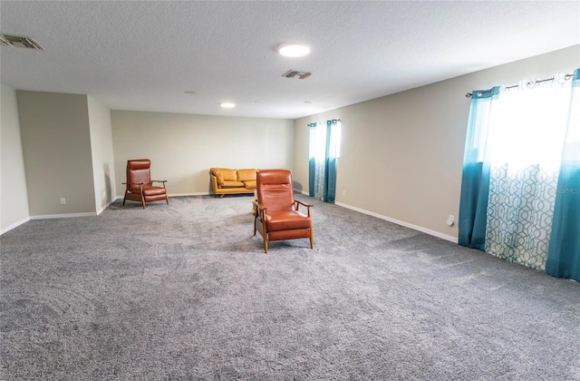 sitting room featuring carpet floors and a textured ceiling