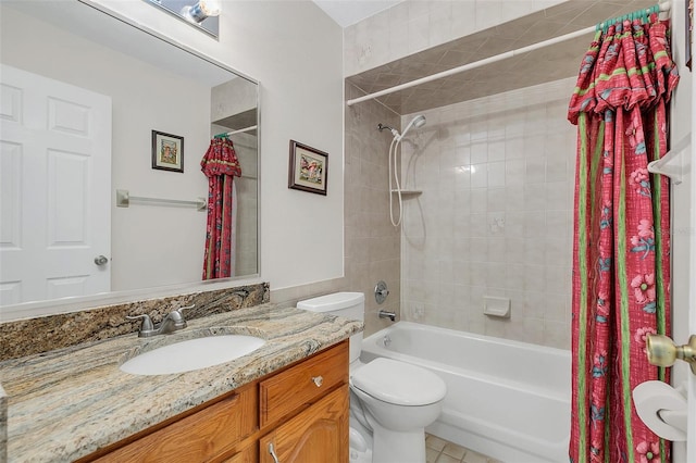 full bathroom featuring vanity, toilet, shower / bath combination with curtain, and tile patterned flooring