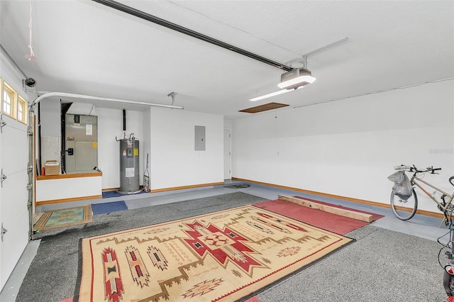 4147 Boggy Creek Rd, Kissimmee, FL 34744 - garage featuring water heater, electric panel, a garage door opener, and baseboards