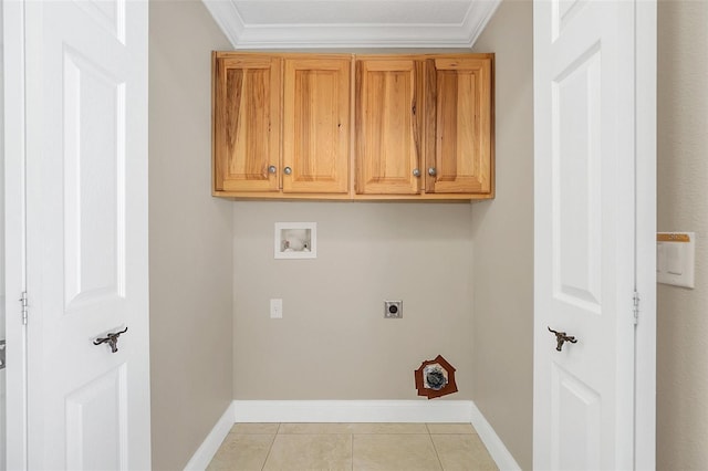 4147 Boggy Creek Rd, Kissimmee, FL 34744 - laundry room featuring electric dryer hookup, washer hookup, baseboards, cabinet space, and crown molding