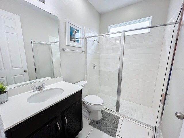 full bath with tile patterned flooring, a shower stall, toilet, and vanity