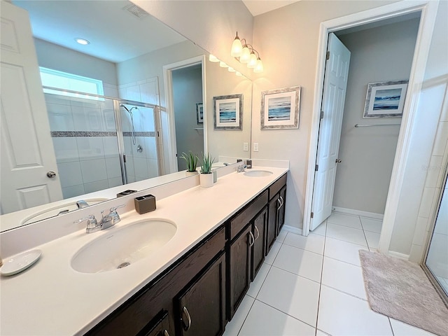 full bathroom with a shower stall, visible vents, tile patterned floors, and a sink