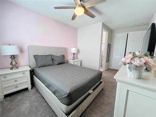 bedroom featuring visible vents, ceiling fan, a textured ceiling, and carpet