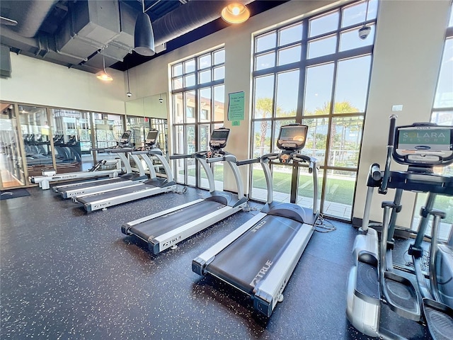 exercise room with a high ceiling