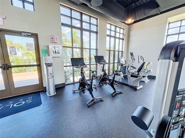 workout area featuring french doors, baseboards, and a towering ceiling