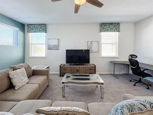 living room with a wealth of natural light, carpet floors, and a textured ceiling