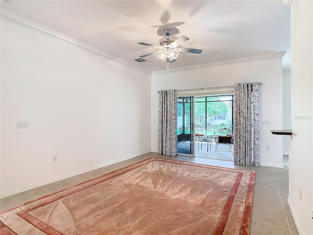 tiled empty room with ceiling fan and crown molding