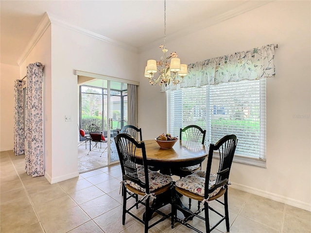 tiled dining area with an inviting chandelier and ornamental molding