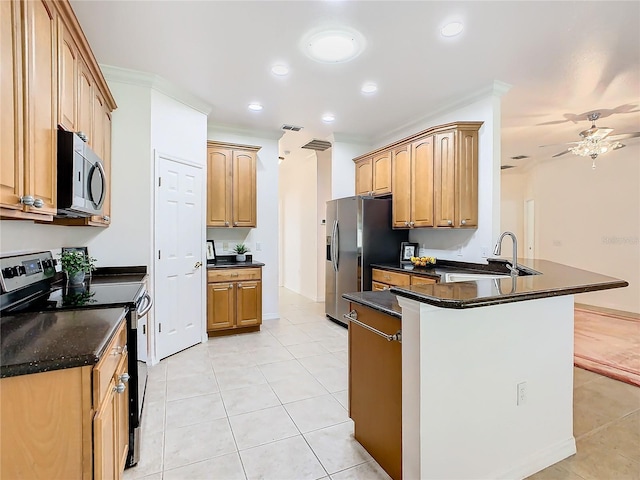 kitchen with kitchen peninsula, light tile patterned floors, stainless steel appliances, ornamental molding, and sink