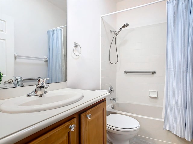 full bathroom featuring shower / bathtub combination with curtain, vanity, and toilet