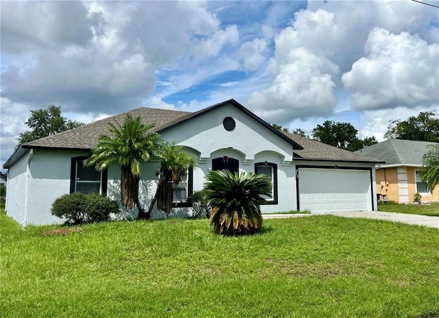 ranch-style house with a garage and a front yard