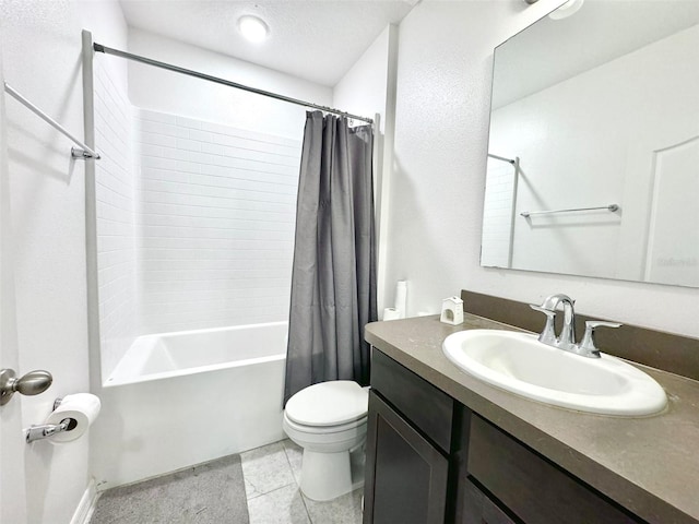 full bathroom featuring a textured ceiling, vanity, toilet, tile patterned floors, and shower / bathtub combination with curtain