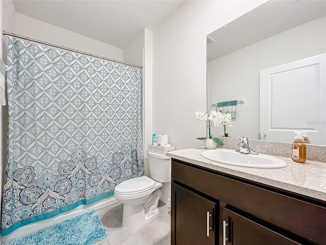 full bathroom featuring vanity, toilet, shower / tub combo, and tile patterned flooring