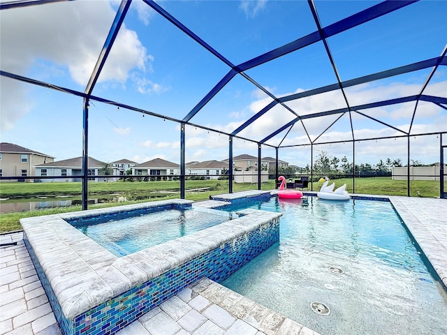 view of swimming pool featuring a residential view, a pool with connected hot tub, a patio area, a lawn, and glass enclosure
