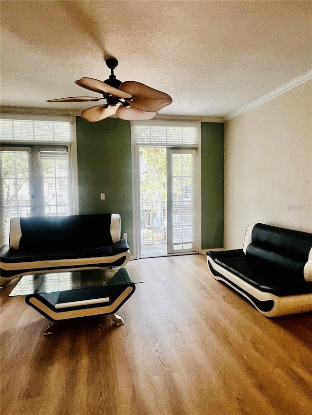 interior space with crown molding, plenty of natural light, wood-type flooring, and a textured ceiling