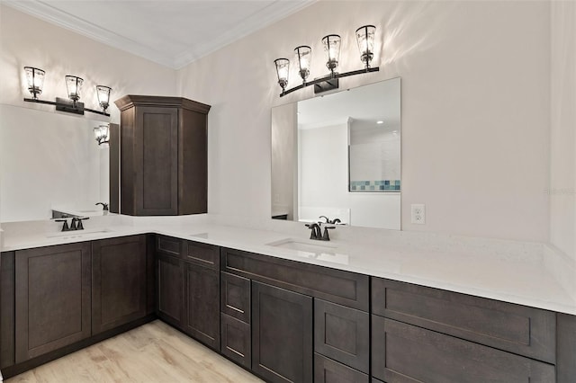 bathroom with wood-type flooring, vanity, and crown molding