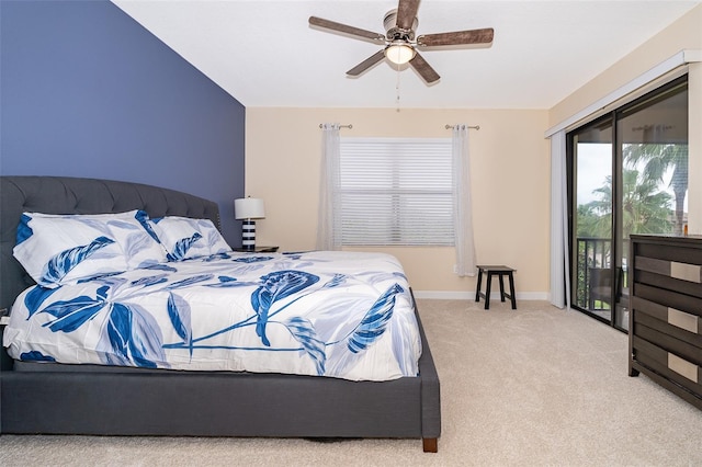 bedroom featuring ceiling fan, light carpet, and access to outside