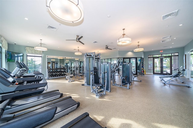 gym with a wealth of natural light, ceiling fan, and french doors