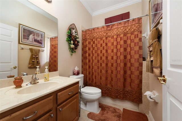 bathroom with tile patterned floors, walk in shower, toilet, vanity, and ornamental molding