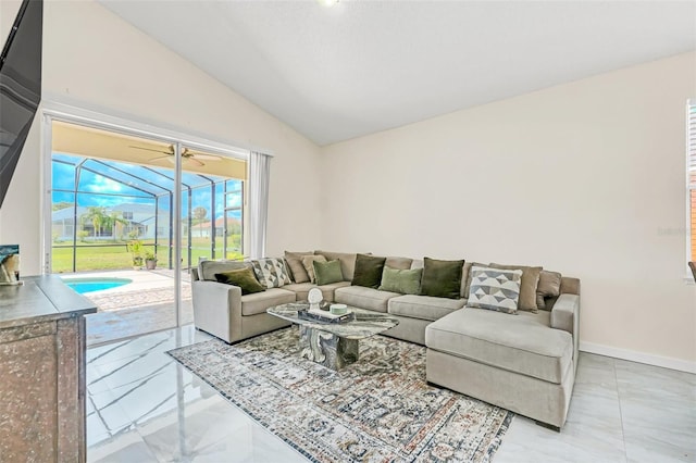 living room with lofted ceiling