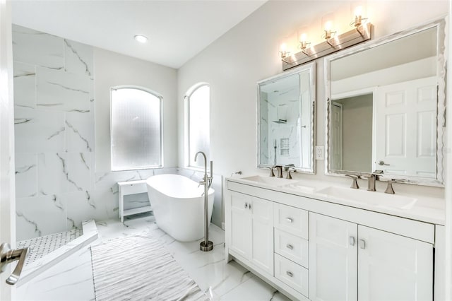 bathroom featuring vanity and plus walk in shower