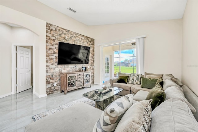 living room featuring lofted ceiling