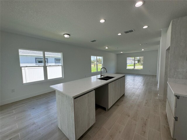 kitchen with light wood-type flooring, a textured ceiling, a kitchen island with sink, and sink