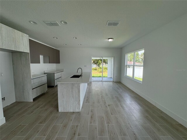 kitchen with a textured ceiling, light hardwood / wood-style floors, a kitchen island with sink, and sink