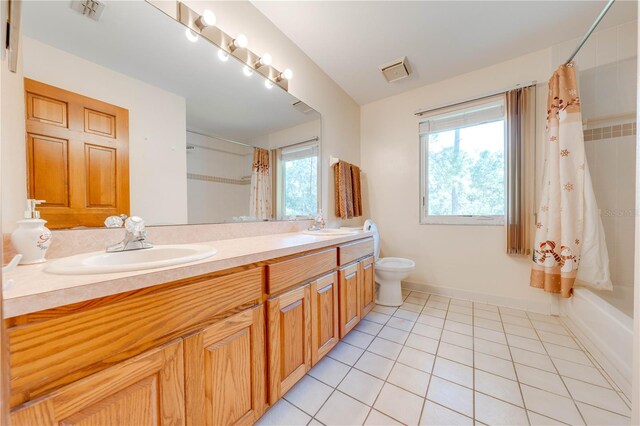 full bathroom featuring vanity, toilet, shower / tub combo, and tile patterned flooring