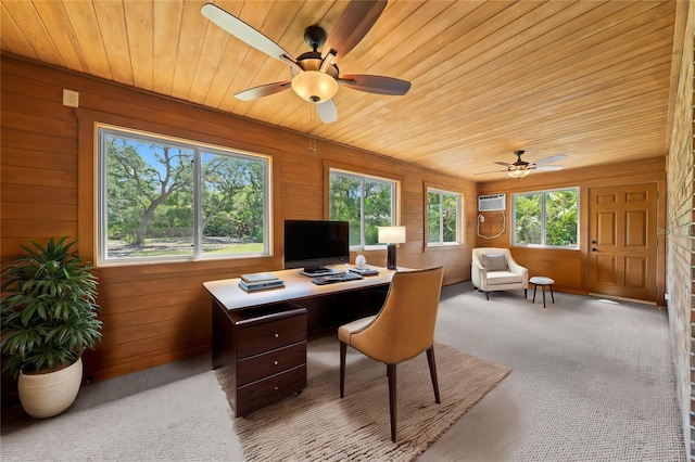1775 Sundance Dr, Saint Cloud, FL 34771 - office featuring wood ceiling, wooden walls, ceiling fan, a wall mounted AC, and carpet flooring