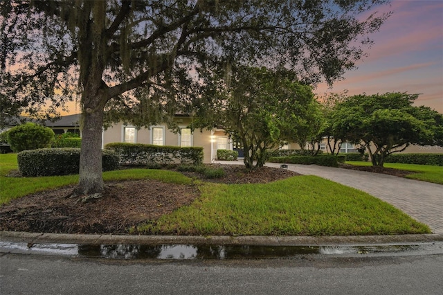 view of property hidden behind natural elements featuring a lawn