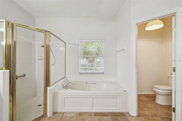 bathroom featuring independent shower and bath, toilet, and tile patterned floors