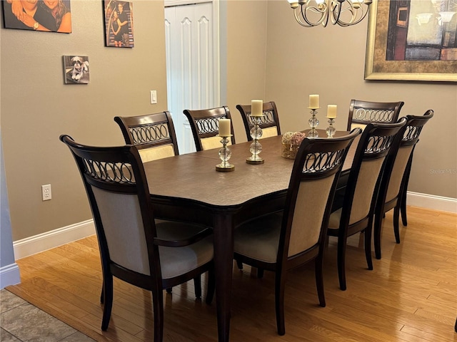 dining area with a notable chandelier and wood-type flooring