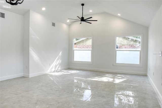 unfurnished room featuring lofted ceiling and ceiling fan