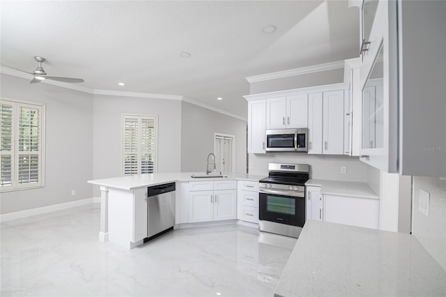 kitchen featuring white cabinetry, kitchen peninsula, stainless steel appliances, ceiling fan, and sink