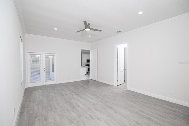 interior space with french doors, light hardwood / wood-style flooring, ornamental molding, and ceiling fan