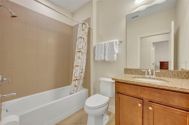 full bathroom with vanity, toilet, tile patterned flooring, and shower / bathtub combination with curtain