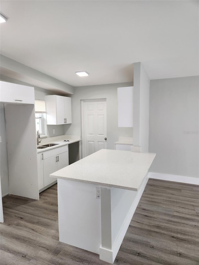 kitchen featuring kitchen peninsula, dark hardwood / wood-style floors, sink, and white cabinets