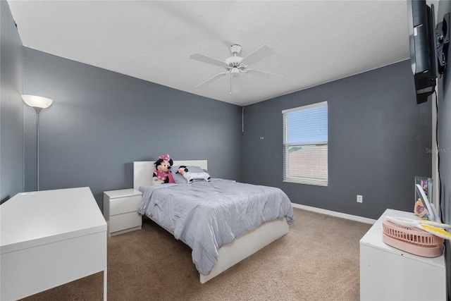 bedroom with a textured ceiling, dark carpet, and ceiling fan