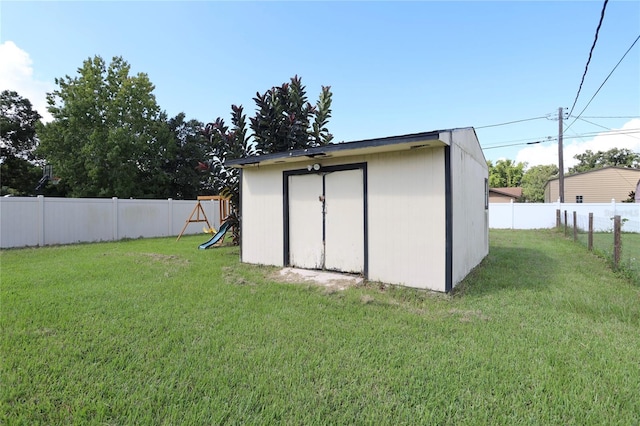 view of shed with a fenced backyard