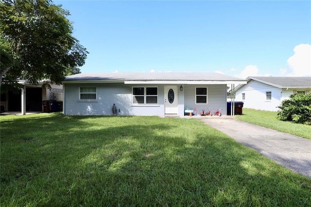 single story home with a front lawn and covered porch