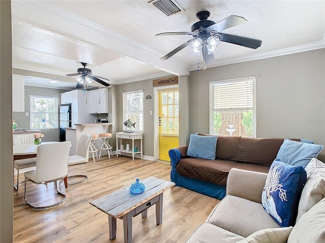 living room featuring a healthy amount of sunlight, ceiling fan, and light hardwood / wood-style flooring