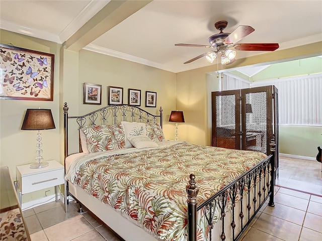 tiled bedroom featuring ceiling fan and crown molding