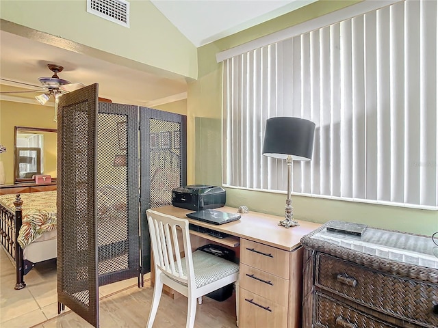 tiled office featuring built in desk, vaulted ceiling, and ceiling fan