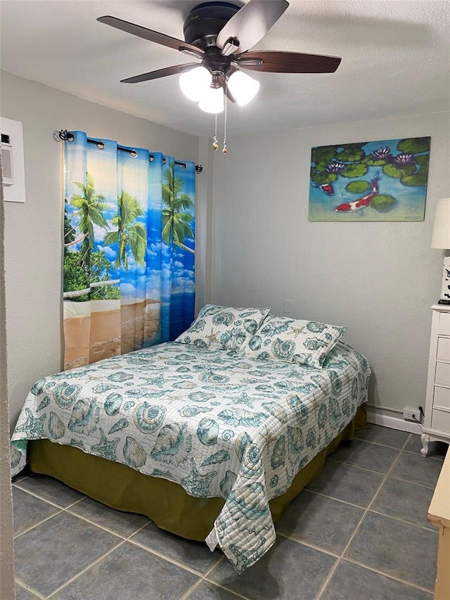 bedroom with a textured ceiling and ceiling fan