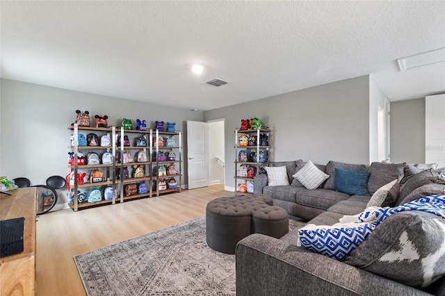 living room with a textured ceiling and wood-type flooring