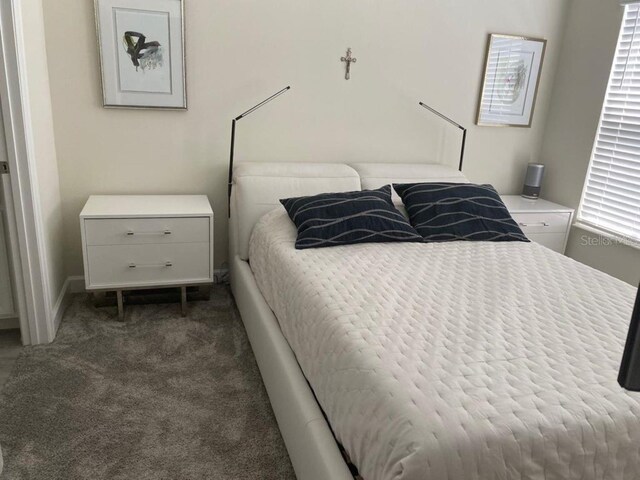 bedroom with dark carpet